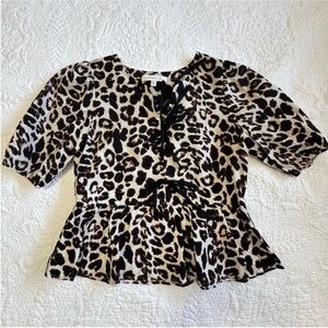 Monteau Black and Brown Peplum Blouse with Puff Sleeves animal print